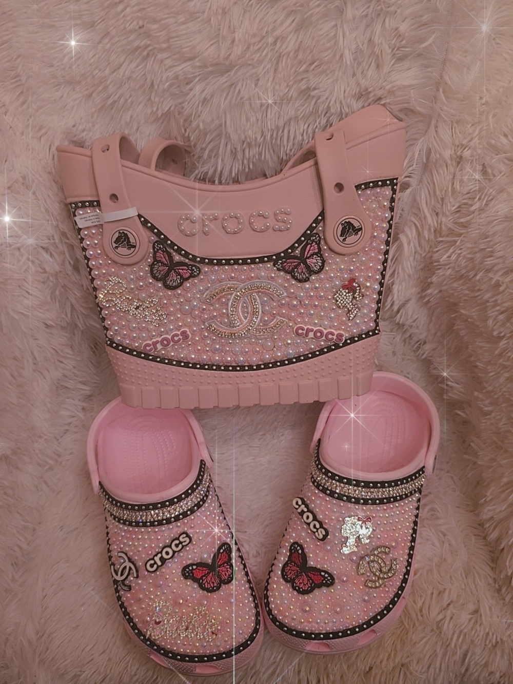 CROCS Pink Jeweled Classic Clogs & Tote Set